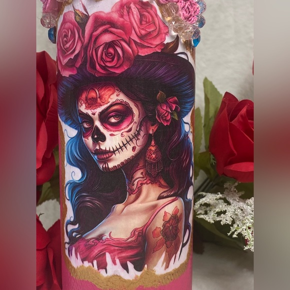 Hand Painted-Decoupaged Sugar Skull-Dia De Los Muertos-Day of the Dead Bottle - Picture 5 of 13